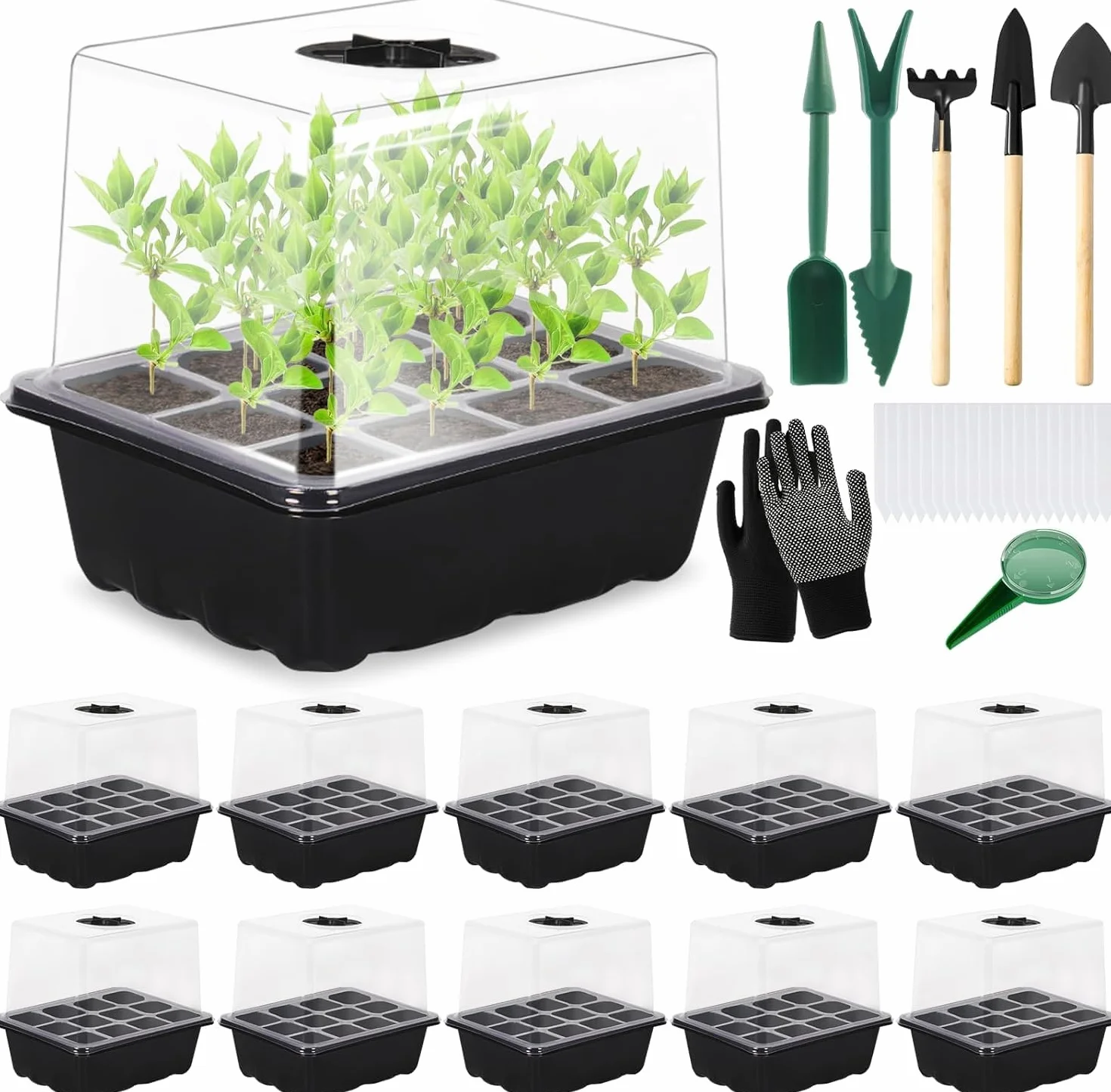 Vassoi per semi,10 Pack 120 Celle Propagator Growing Addensano i Vassoi,Propagator con Coperchi Rialzati,Vassoi Semina,Kit di vassoi di coltivazione di semi di piante riutilizzabili