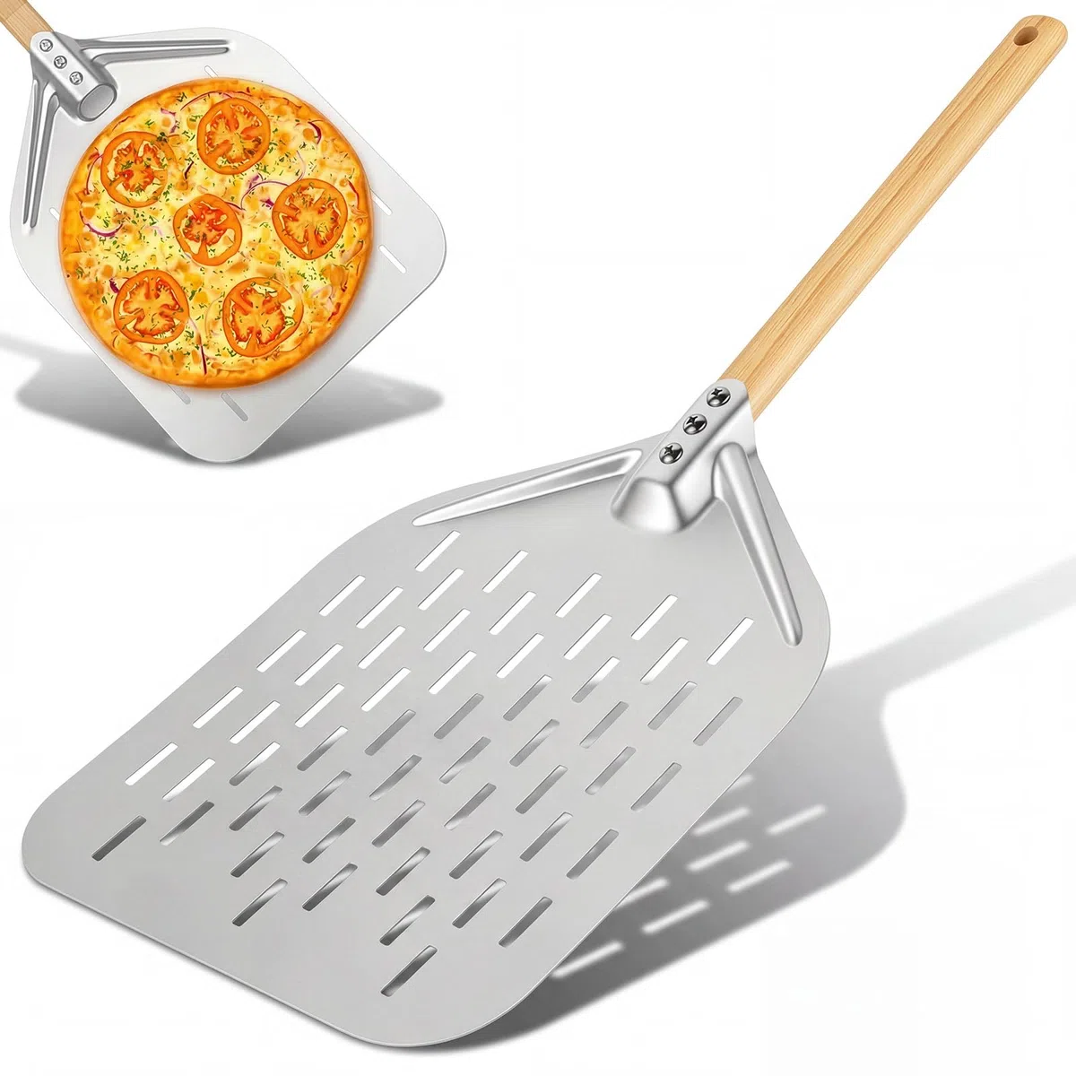 12 Pollici Pala per Pizza, Pala Pizza Forata in Alluminio con Manico in Legno Rimovibile, per Barbecue a Gas, Barbecue e Forno, per Riporre Facilmente La Pizza Grande, 40 x 30 cm