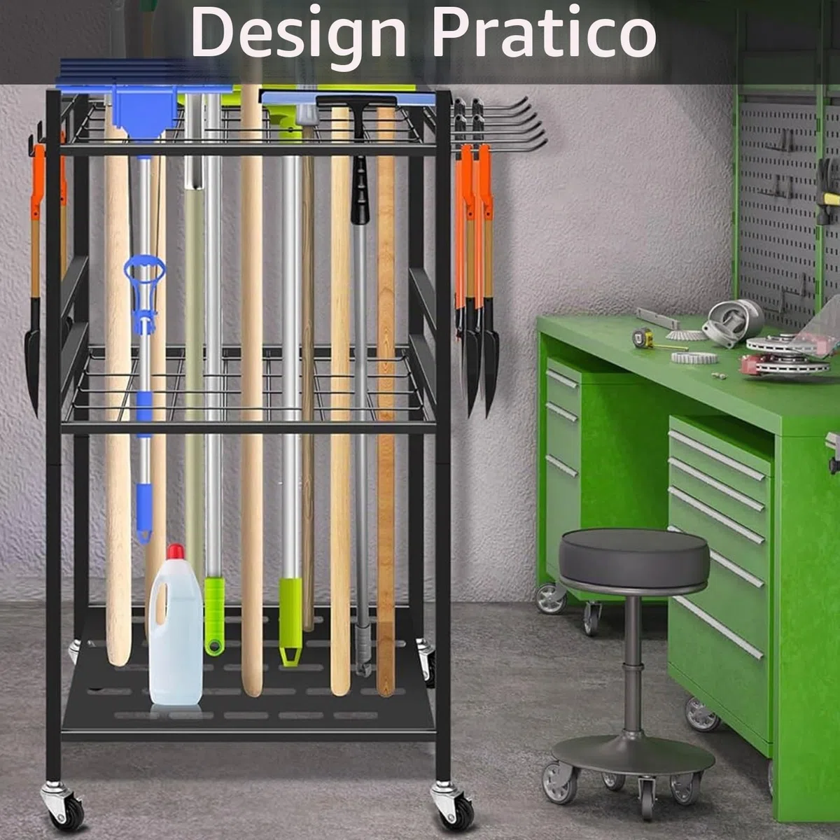 Porta Attrezzi, Porta Attrezzi da Giardino con Ruota Universale 43 x 30 x 81,3 cm Porta Scope Nero con 6 Ganci Laterali Lunghi e 3 Ganci Portaoggetti per Garage Giardini Capannoni