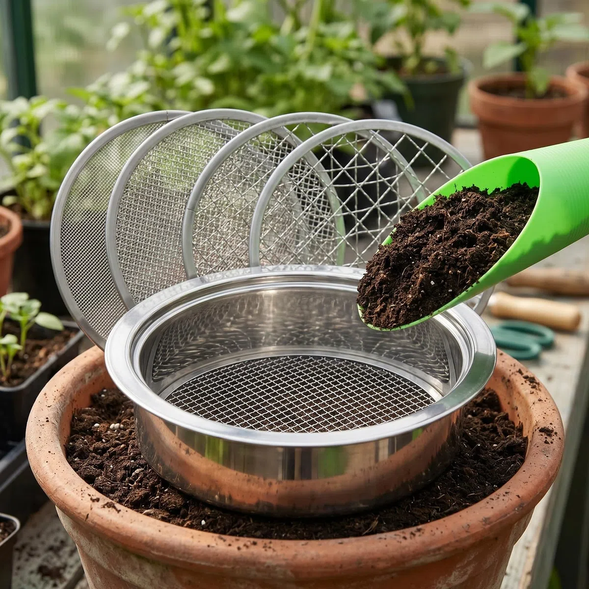 Lurrose 1 Set Setaccio da giardino per terriccio con rete di ricambio e paletta in plastica (fori da 1, 3, 6, 9, 12 mm) - Setaccio rotondo in acciaio inossidabile per roccia, compost, terra, spiaggia