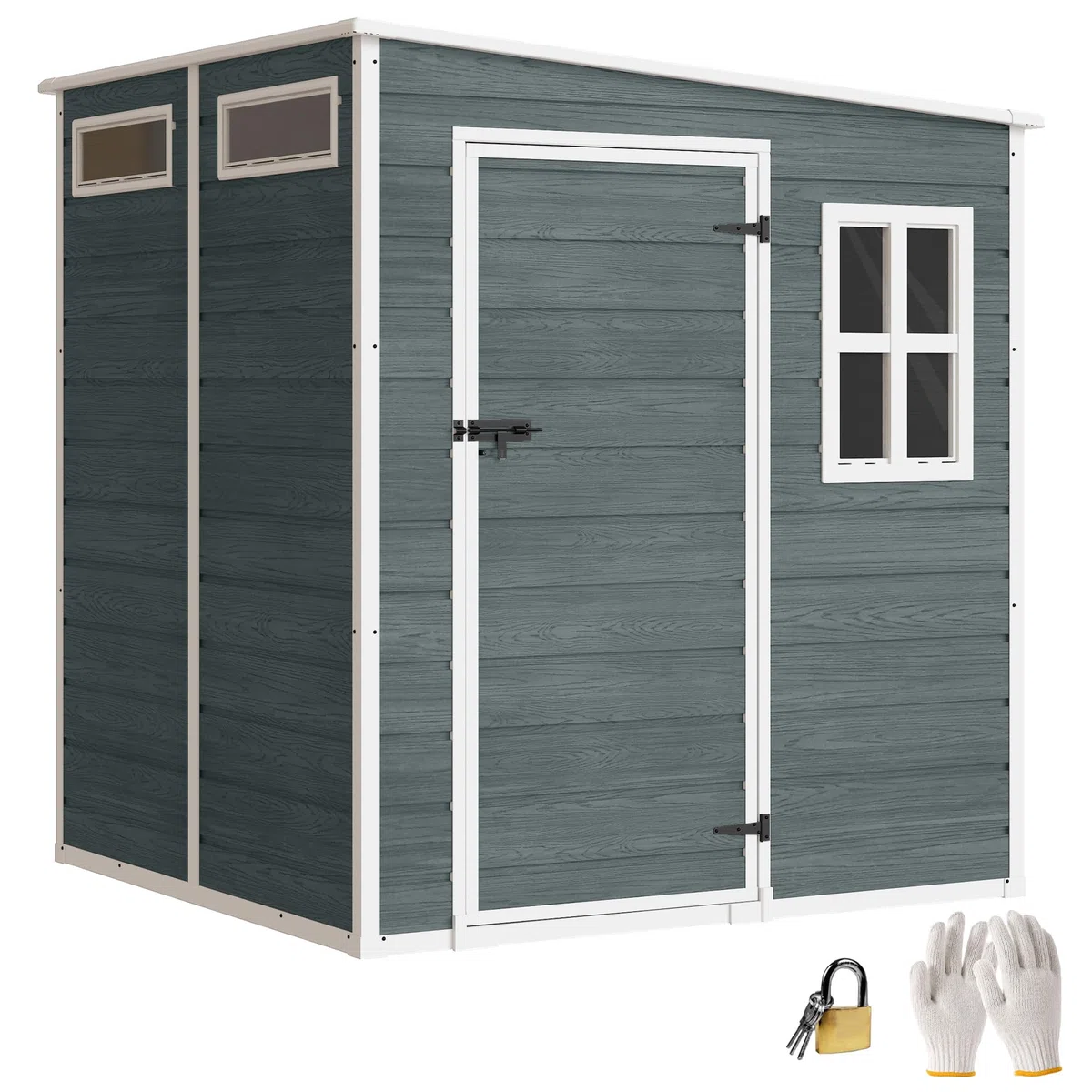 Outsunny Casetta per attrezzi 2,89 m² con effetto legno, 3 finestre 182 x 182 x 196 cm, in plastica, capanno da giardino con ventilazione, guanti di blocco, per attrezzi, bicicletta, grigio