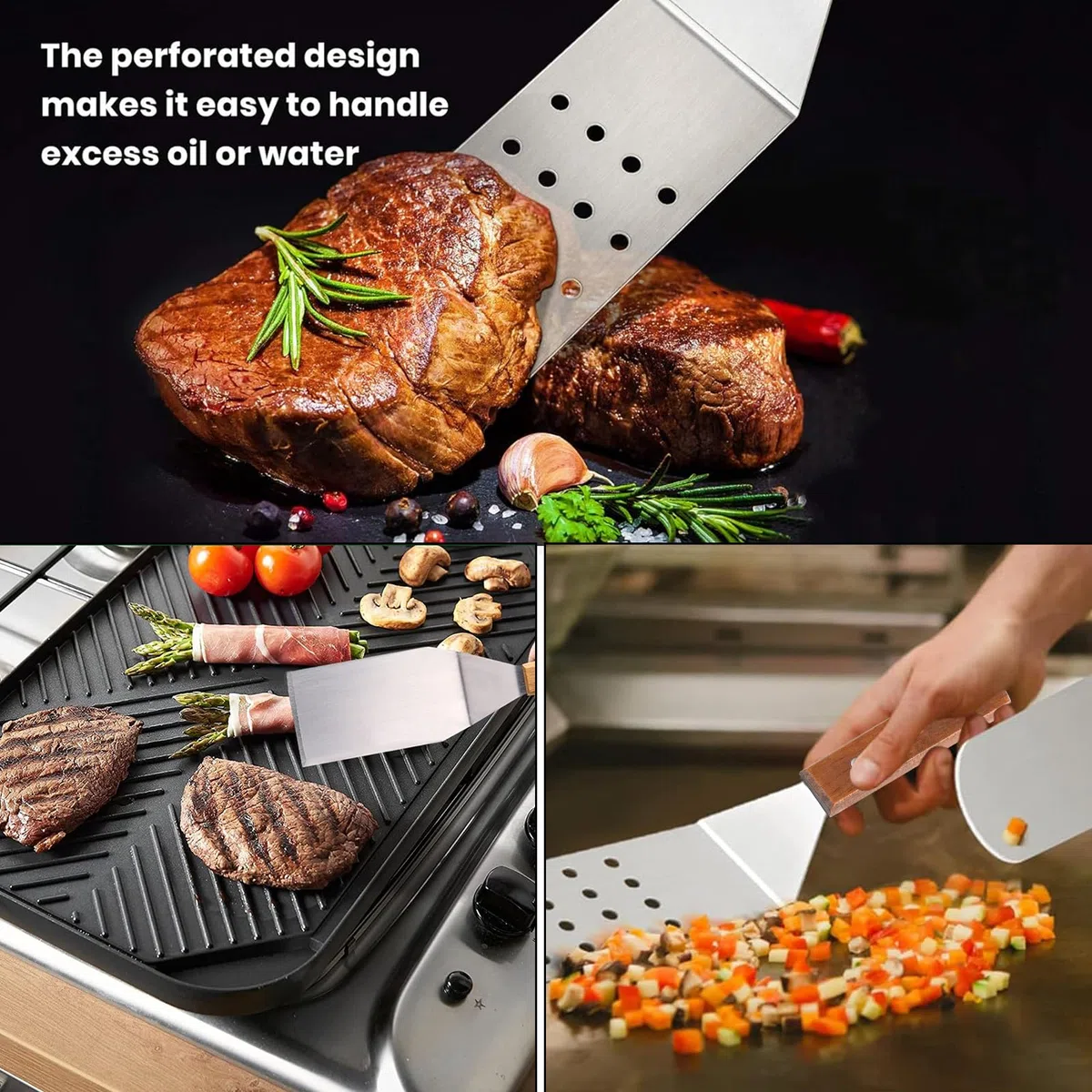 Set di 6 Spatola in Acciaio Inossidabile, Cucina Palette per Barbecue, Manici in Legno Isolanti Antiscivolo Spatole per Utensili per Grigliate in Ghisa Piatti