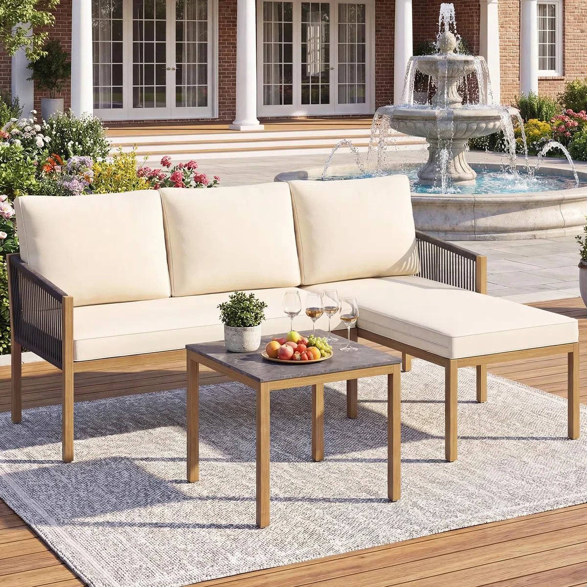 COSTWAY Set di Mobili da Giardino 3 Pezzi, Salotto da Esterno con 2 Divani Componibili a forma di L e Tavolino da Caffè, Set da Conversazione da Esterno con Cuscini Sfoderabili, per Patio e Terrazzo