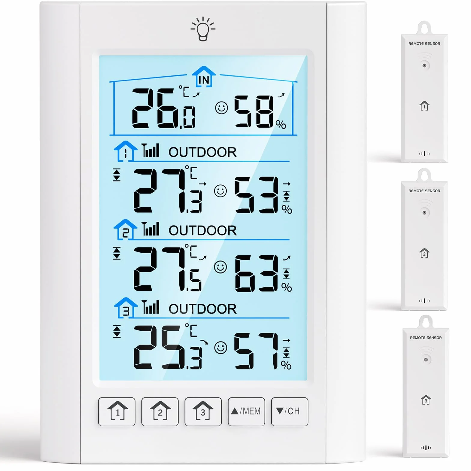 LIORQUE Stazione Meteo con Sensore Esterno, Stazione meteorologica con 3 Sensore Esterno,LCD, Retroilluminazione, Portata di Trasmissione Wireless 100 m, Adatto per Terrazze, Giardini, Cantine