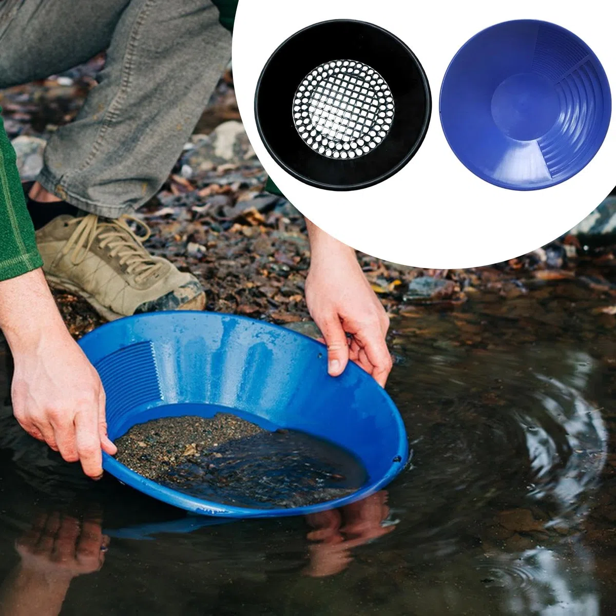 2X Padella per la Ricerca dell'oro con setaccio Padella Portatile da 14 Pollici per la Ricerca dell'oro per Principianti Kit per, Blu E Nero