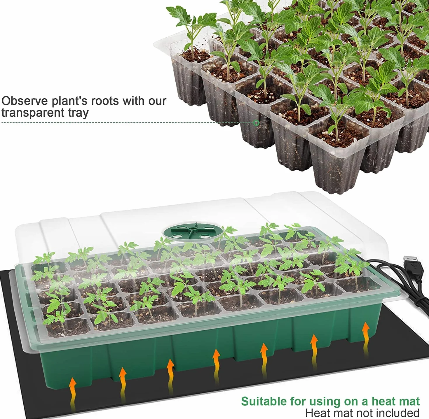 MIXC Semenzaio Vassoio Germinazione, 5 Pezzi 200 Celle Set di Mini Serra da Interno con Coperchio Ventilato Regolabile e Etichetta della Pianta per Semi e Piantine, Verde