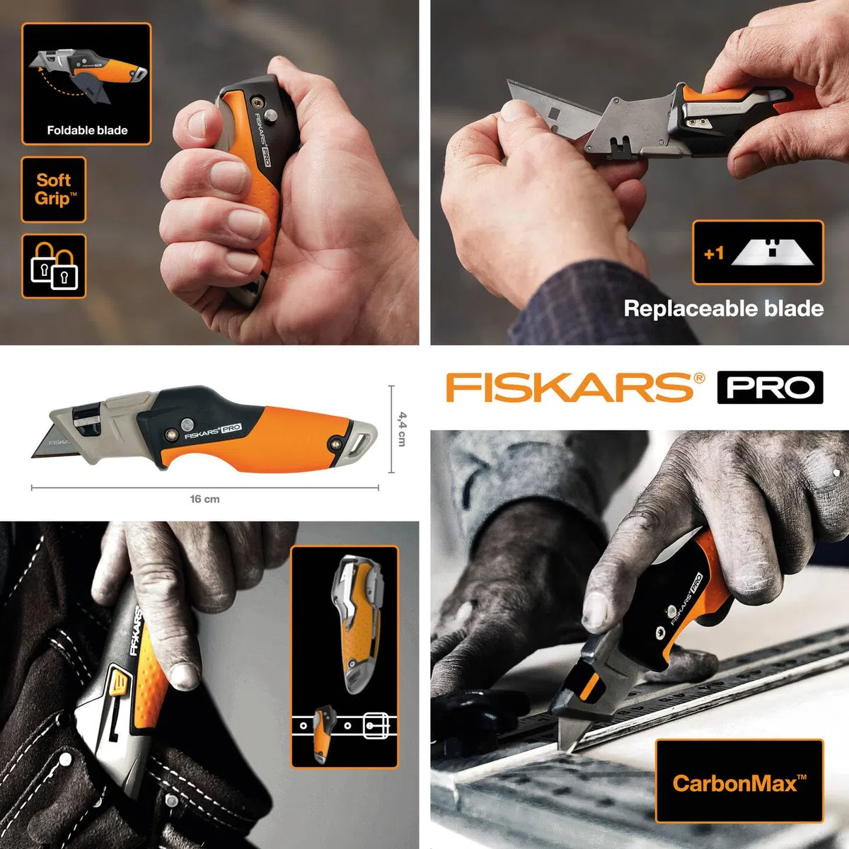 Fiskars Taglierino universale pieghevole, Lunghezza 17 cm, Acciaio inossidabile/Plastica, Nero/Arancione, CarbonMax, 1027224