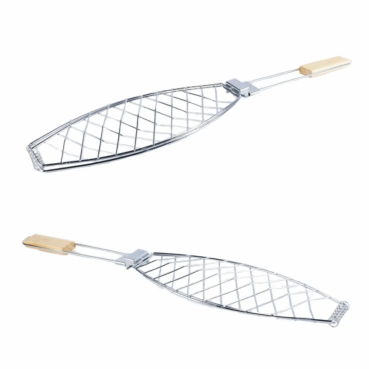Arrostitore per pesce, supporto per griglia per pesce in acciaio inox con manico in legno, vassoio multifunzionale per barbecue per frutti di mare e verdure