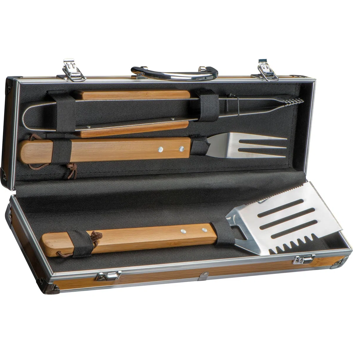 Set di 3 posate per barbecue, in valigetta in metallo effetto bambù, con pinza, forchetta e paletta per barbecue