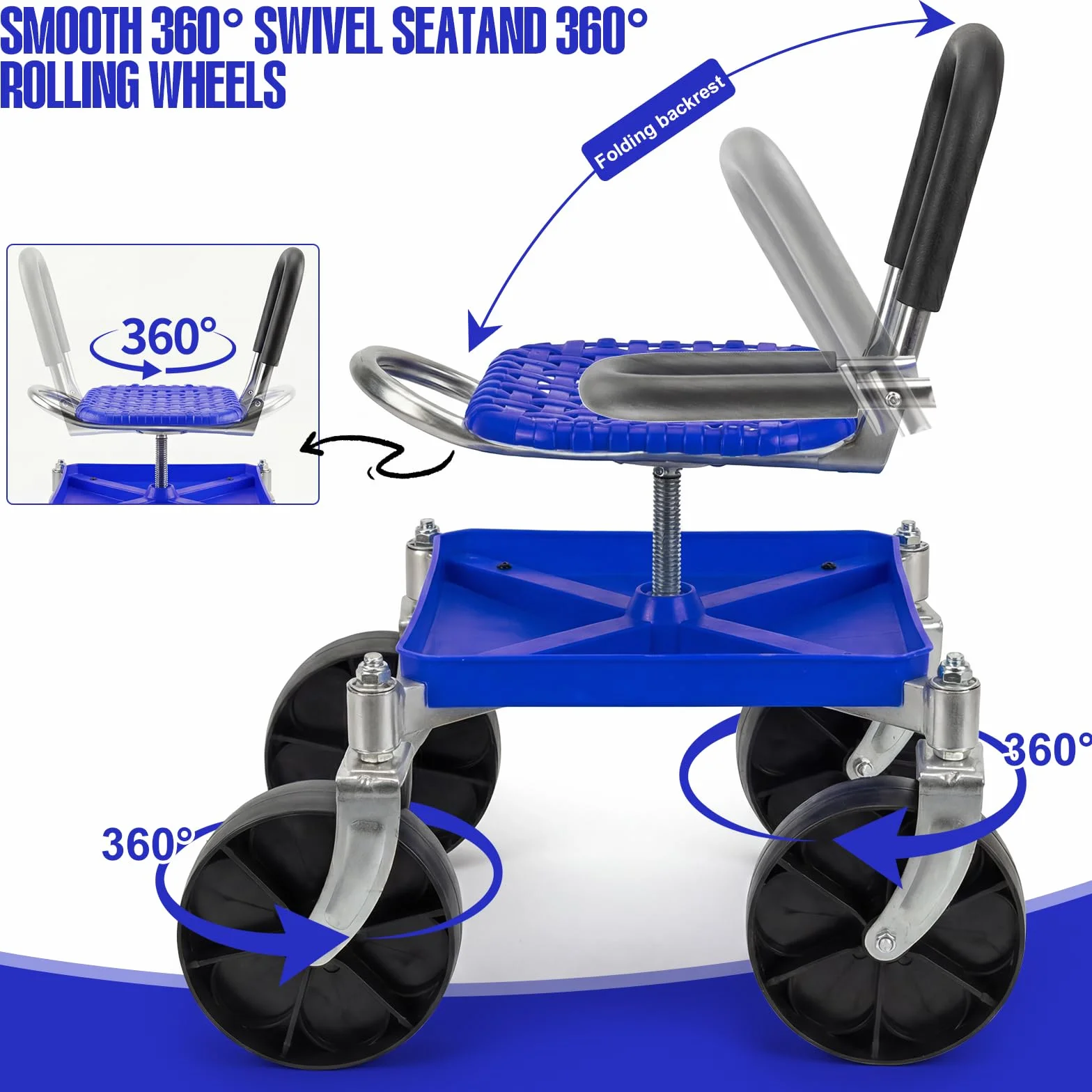 Sgabello da giardino con ruote da 150 kg - Sedile girevole a 360° e ruote, regolabile in altezza da 51-61 cm - Sgabello robusto per giardino e garage con guanti per diserbo, piantare e pulire l'auto