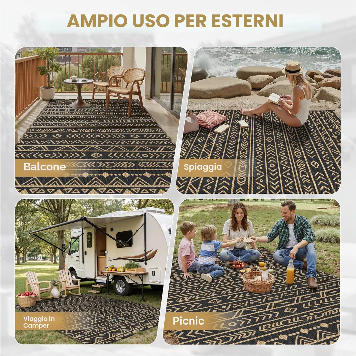 Genimo Tappeto da Esterno Impermeabile Eeversibile Lavabile Plastica, Terrazza, Giardino, Camper, Picnic, Balcone, Boho Nero Marrone, 275x365 cm