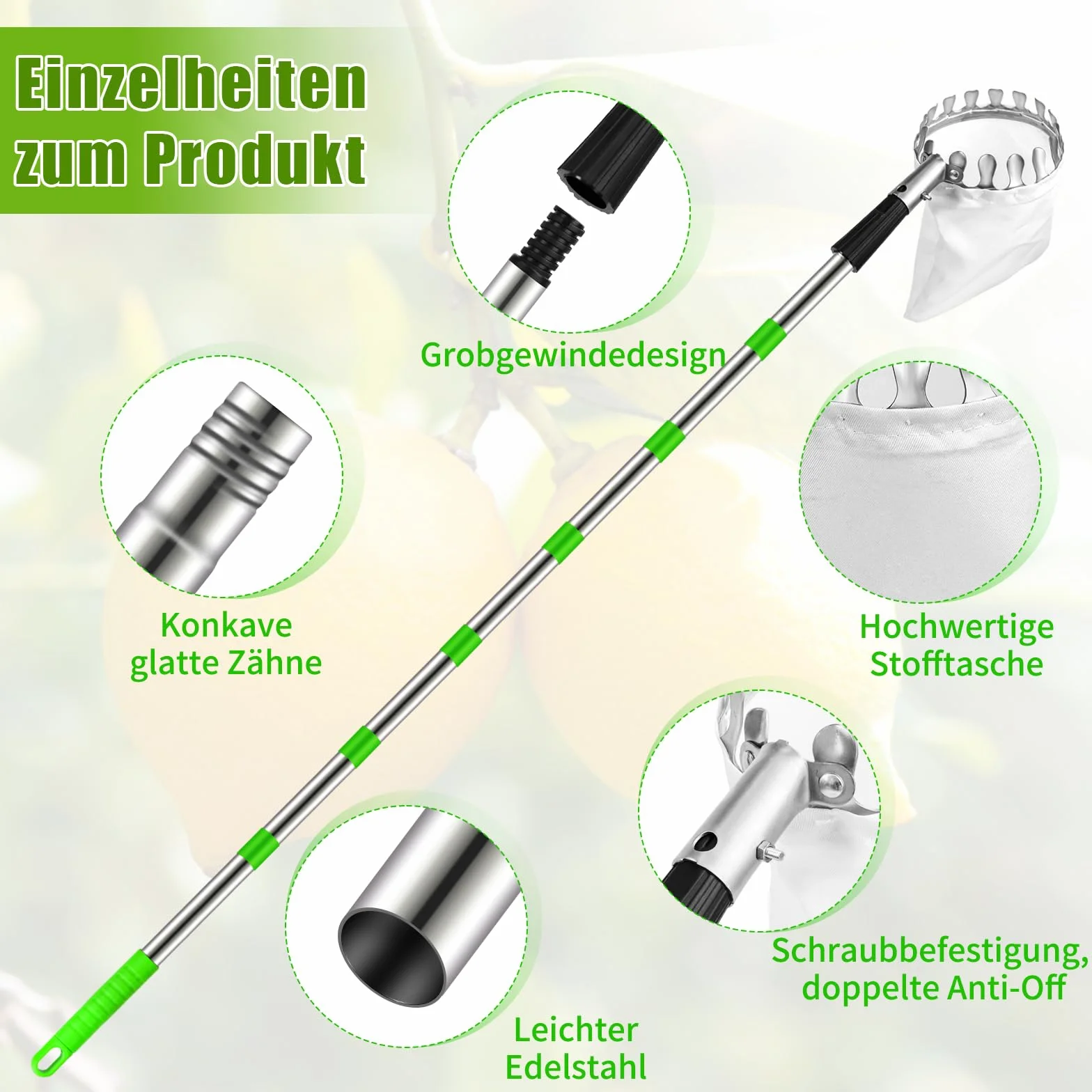 Dreamtop Raccogli Frutta Telescopico 2,8 m, Inox Raccogli Frutta da Albero con Borsa di Tela Extra Spesso, Regolabile Raccoglifrutta per Fichi Nespole Mele Ciliegie