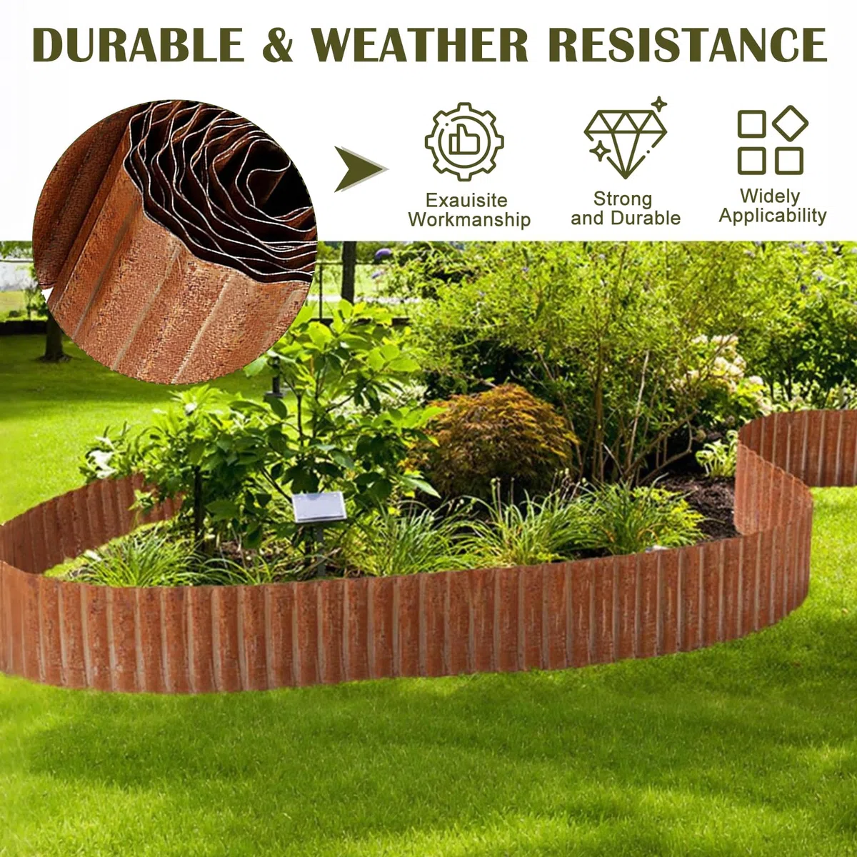 Bordo per prato in metallo, 6 m, bordo flessibile per aiuole, 15 cm, per giardino e aiuole, facile da pulire, 1 paio di guanti da montaggio inclusi (6 m x 30 cm)