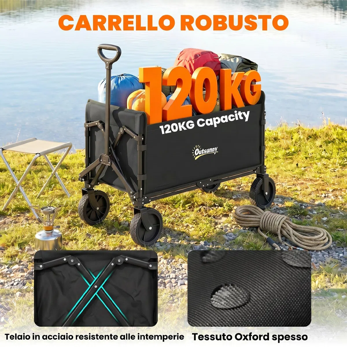 Outsunny Carrello da Giardino da 180L con 4 Ruote Girevoli, Carrello Spiaggia Pieghevole in Acciaio e Tessuto Oxford con Sacca Portaoggetti e Maniglia Girevole e Regolabile, 90x48x62 cm, Nero