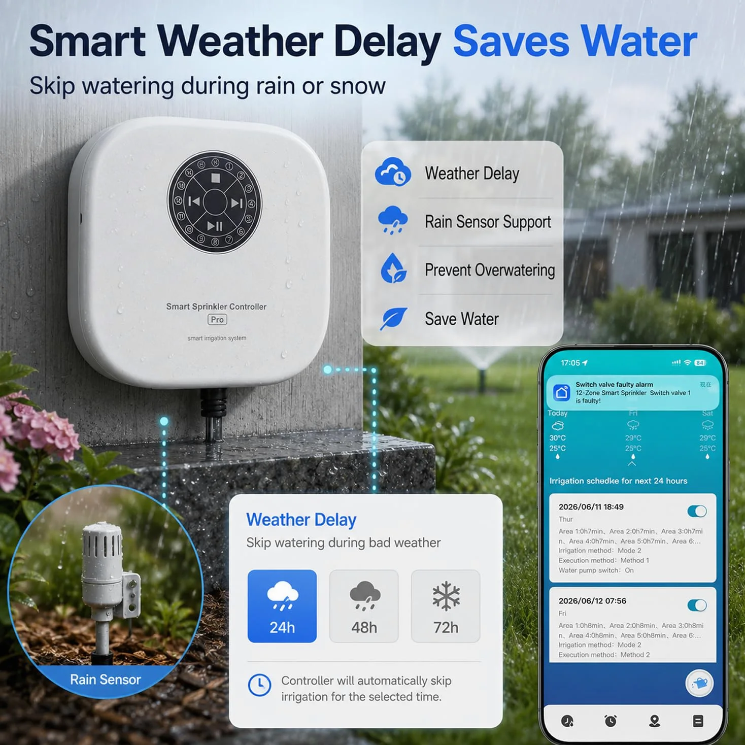 Computer di irrigazione intelligente Wi-Fi, 12 zone, controllo dell'irrigatore controllato tramite app, per giardino e prato, regolazione automatica del meteo, salto del sensore di pioggia, facile