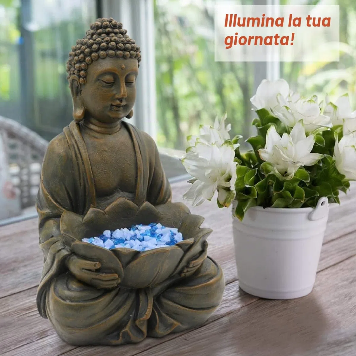 Yeomoo Statuetta di Buddha da meditazione, decorazione da giardino per esterni, Zen Buddha, decorazione da giardino, soggiorno, balcone, grande figura con ciottoli di loto e pietra di vetro, regalo