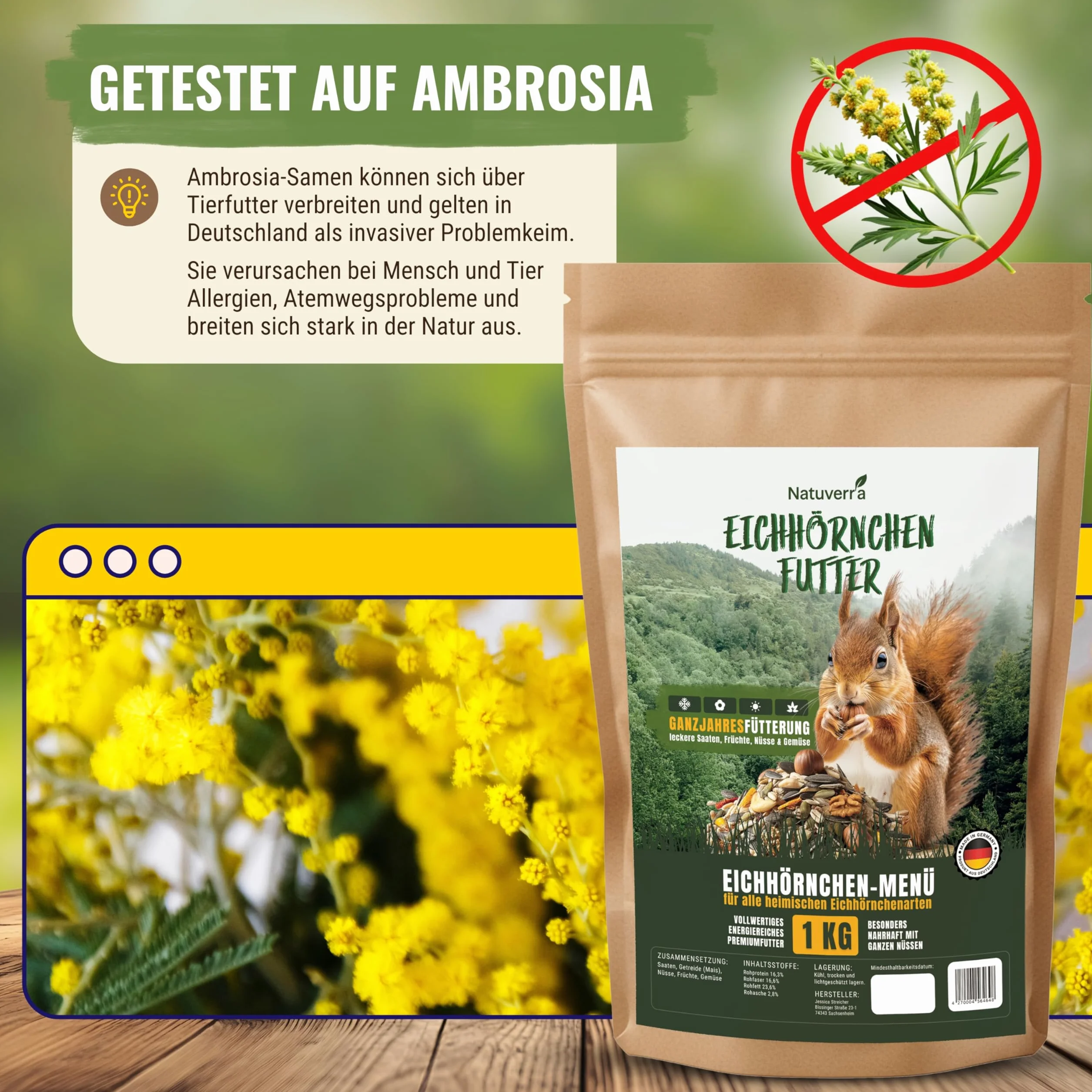 Menù per scoiattolo, 1 kg, mix premium di semi, cereali, noci, frutta e verdura, ricco di proteine ed energia, cibo tutto l'anno per scoiattoli e scoiattoli, richiudibile