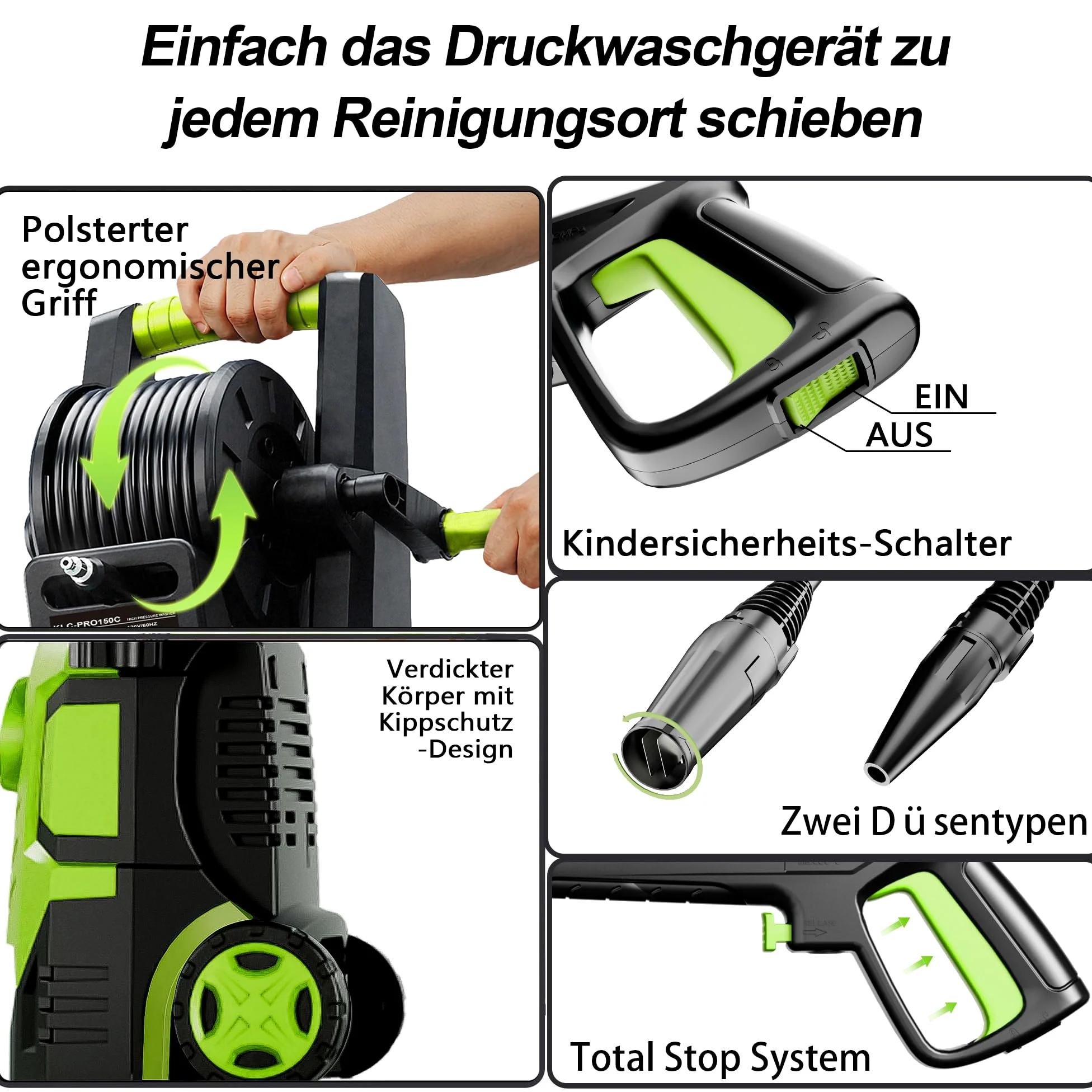 Idropulitrice ad alta pressione da 150 bar, touch screen a 8 livelli, 3 modalità, 250-420 l/h, 60 m²/h, con avvolgitubo, pistola per schiuma da 500 ml, fresa per sporco, tubo da 7 m