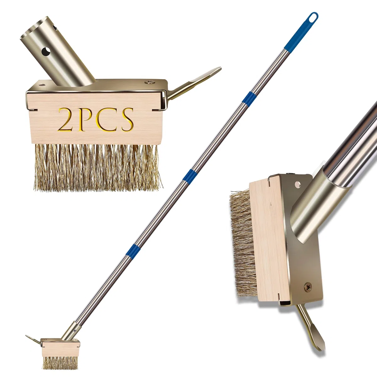 Spazzola per Rimuovere Erbacce Le fughe del Muschio, con Manico Staccabile da 165cm, per pavimentazioni, terrazze, vialetti, Fessure, 2 testine in Filo Metallico con estrattore per Erbacce