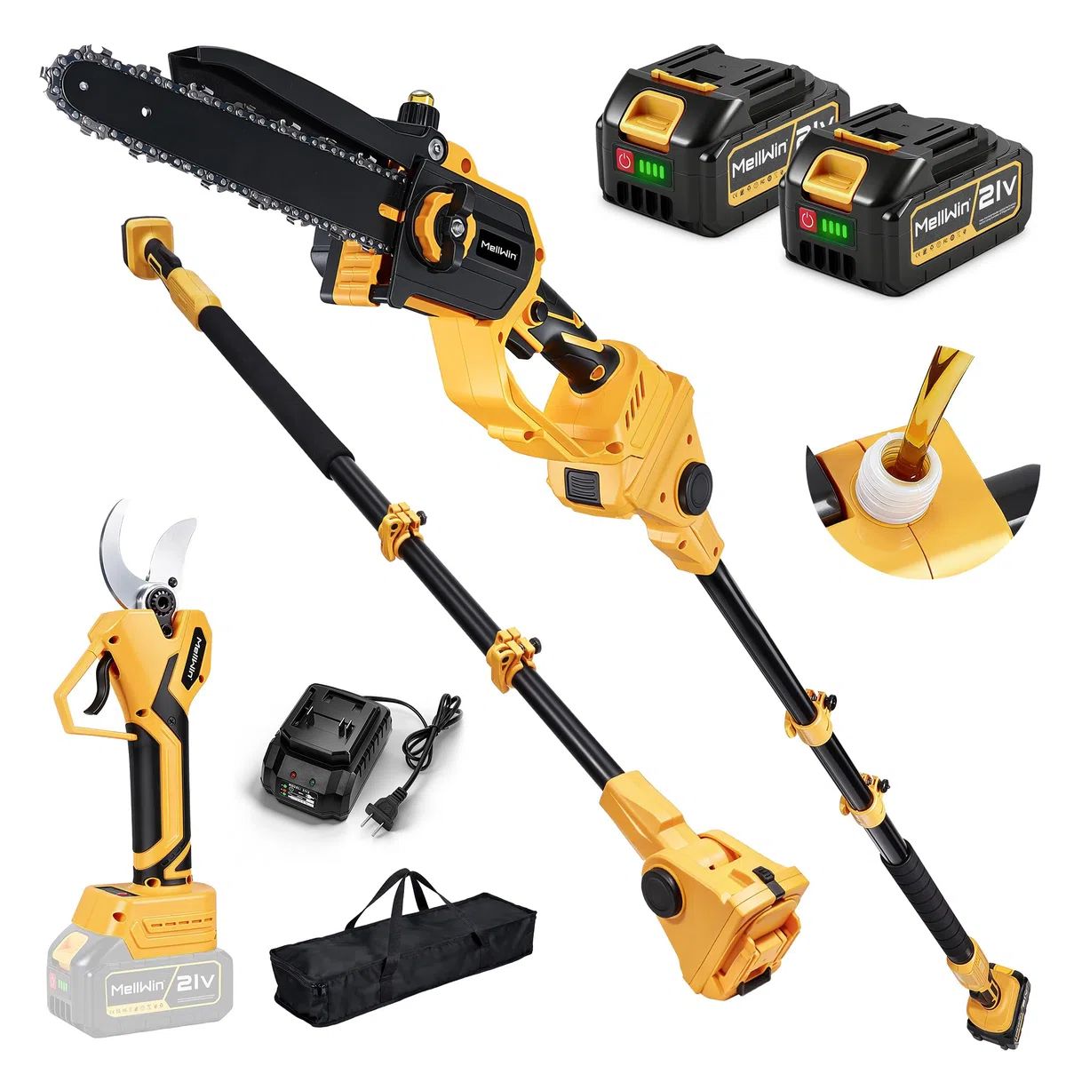 Motosega e cesoie elettriche da potatura MELLWIN 4 in 1, attrezzo da giardino senza fili da 20 cm con asta telescopica, serbatoio dell'olio da 30 ml, motore brushless, cesoie da giardino da 2,3 m e 40