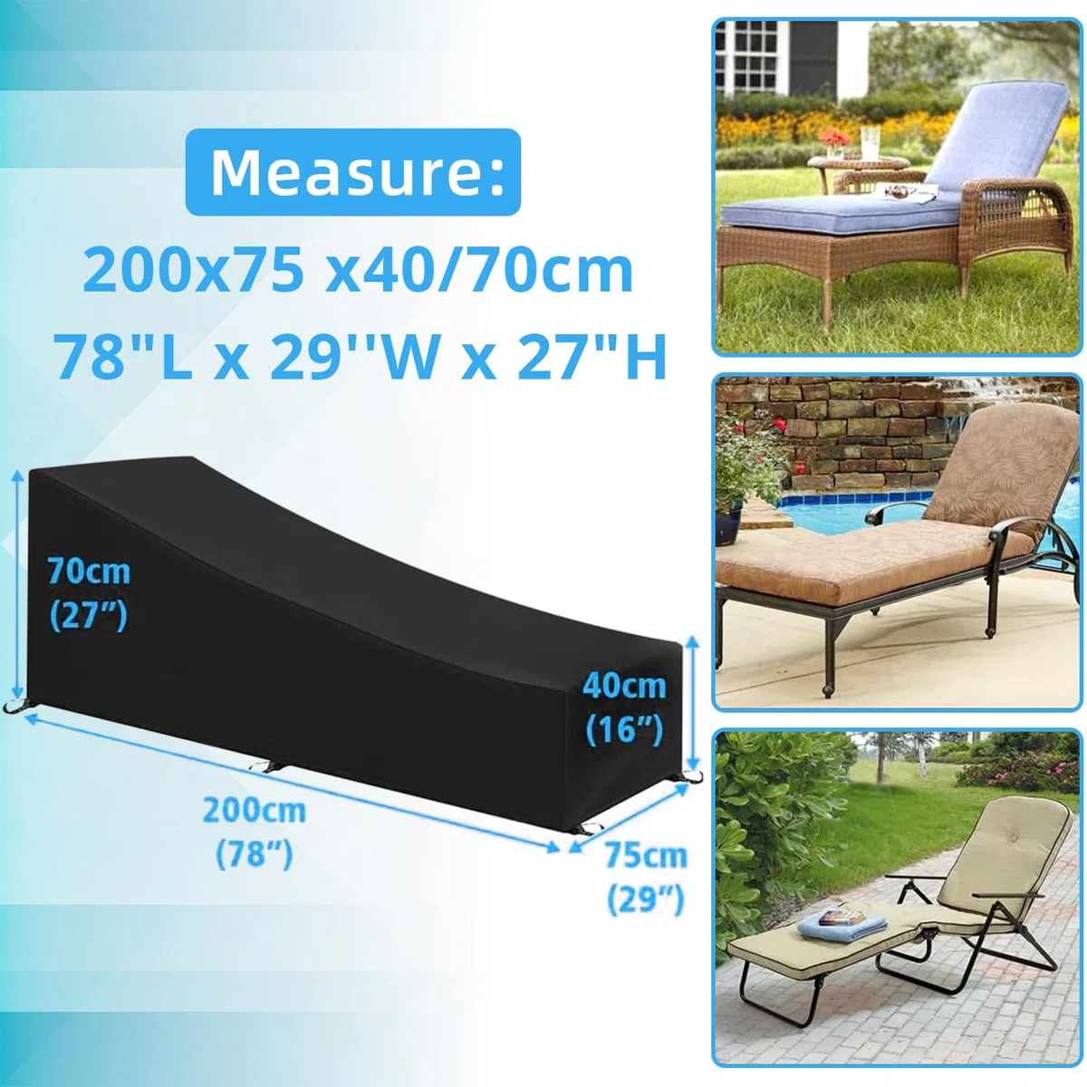 GARPROVM Copertura per sedia a sdraio da giardino, resistente alle intemperie, 200 x 75 x 40/70 cm, tessuto Oxford 420D, impermeabile, antivento, antipolvere, resistente ai raggi UV, copertura per
