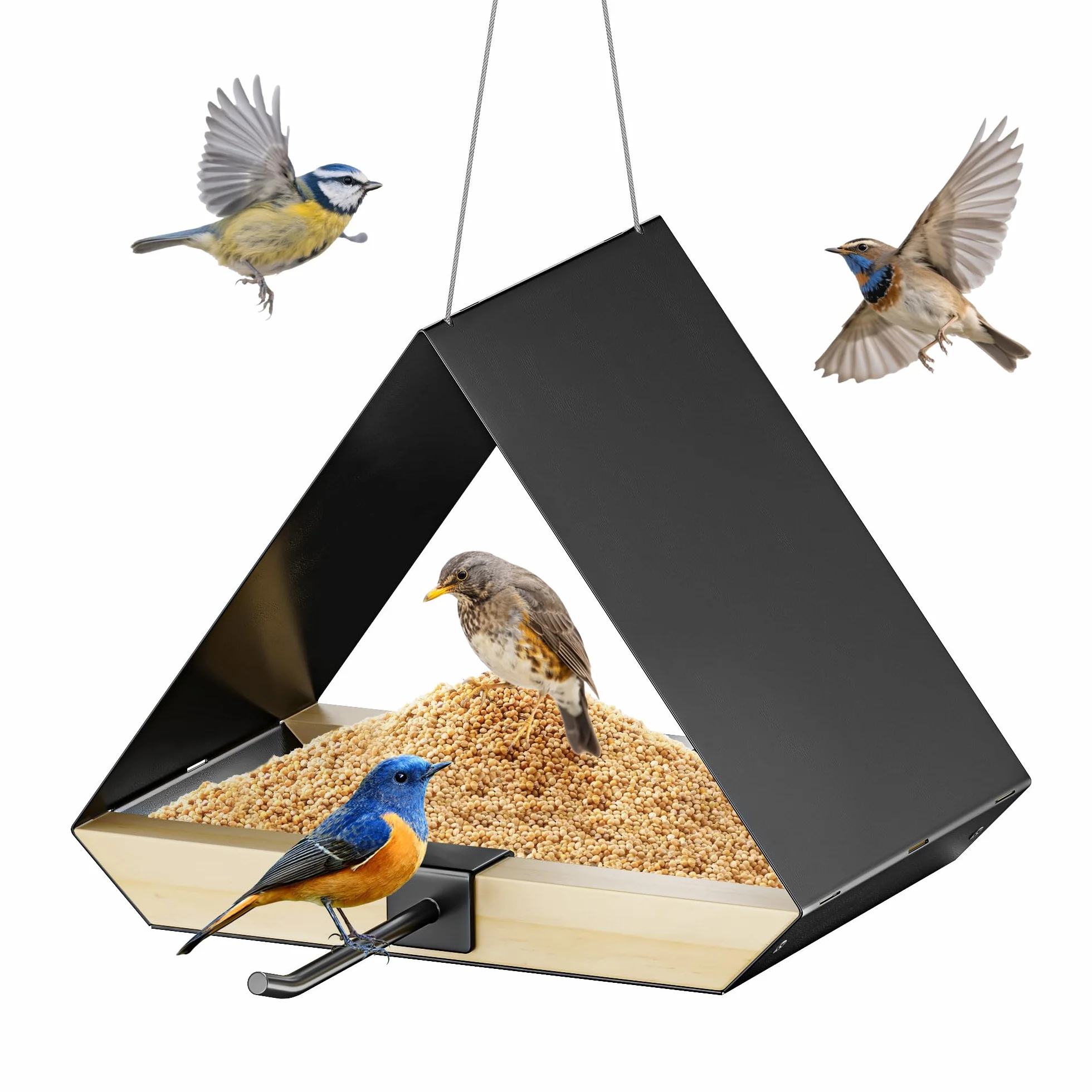 FANHAO Mangiatoia con Tetto Metallico, Sospensabile Esterno, Rete Ventilata, Facile da Pulire, Regalo Birdwatching e Arredo Giardino per Pettirossi, Cincialle e Uccelli Selvatici, Nero