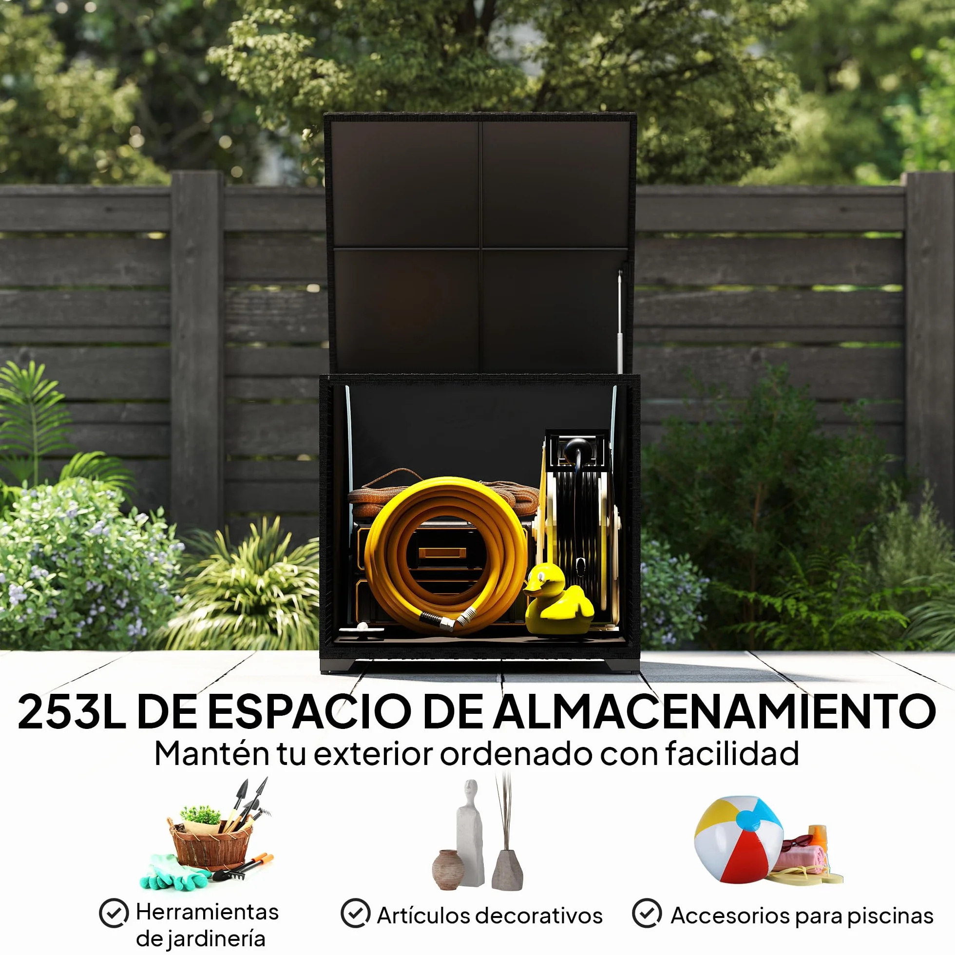 Outsunny Baule portaoggetti esterno in rattan sintetico, 253 l, con asta idraulica, fodera con cerniera e telaio in acciaio, carico 50 kg, per giardino, terrazza, 72 x 72 x 70 cm, nero