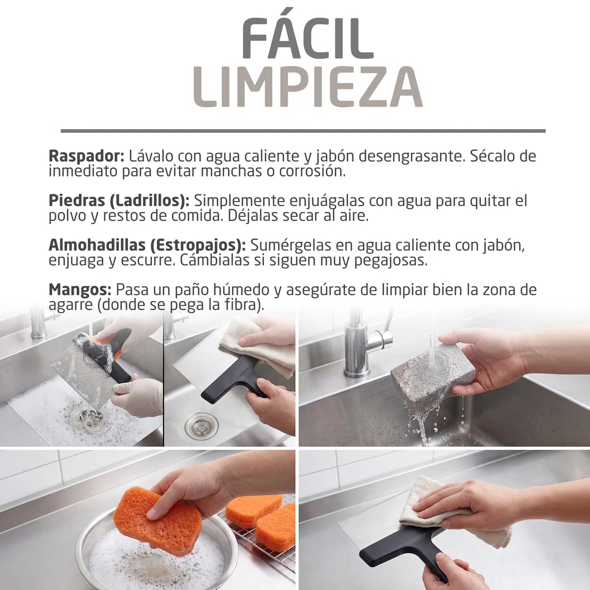 Amig - Kit 8 accessori pulizia barbecue AM22 - Raschietto 23 cm + 3 spugne in poliestere + 1 spugna in PP + 3 blocchi pulizia - Acciaio inox e polipropilene