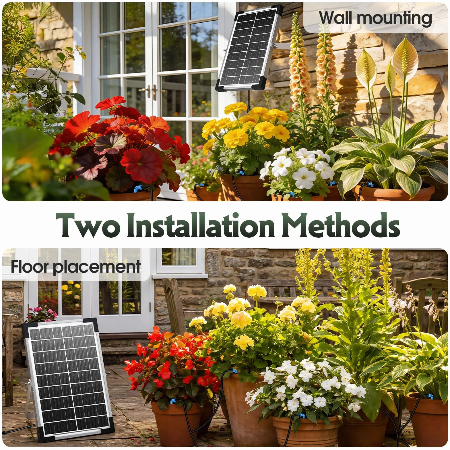 Kit per Sistema di Irrigazione Solare 8W per Giardino/Balcone/Serra | Controller Intelligente Regolabile con 30 Gocciolatori per Irrigazione Automatica di Orti, Serre, Aiuole e Piante in Vaso