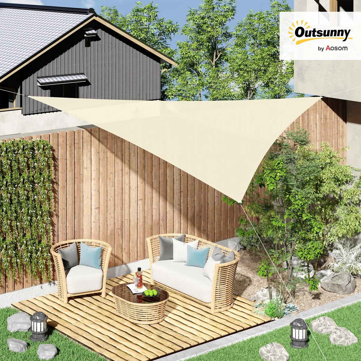 Outsunny Tenda Parasole Triangolare 4x4x4 m in Tessuto Anti-UV Impermeabile Beige per Esterni