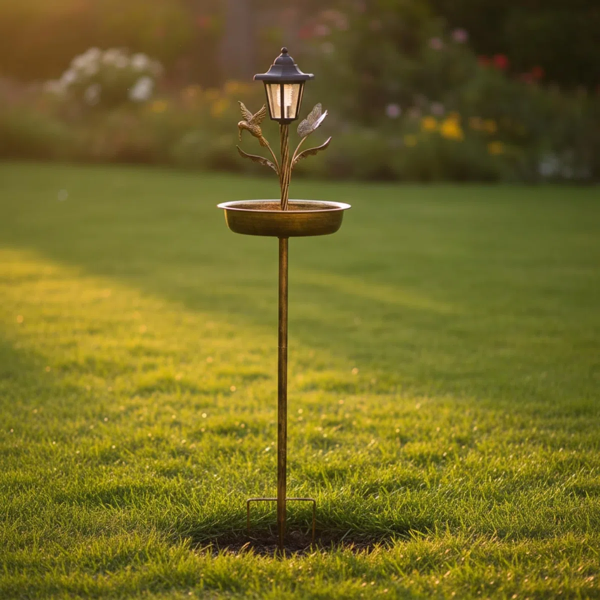 Bagno per Uccelli da Giardino Vasca Piatta Mangiatoia a Palo in Metallo con Punte per Fissaggio Stile Lanterna con Elementi Foglie E Fiori Durevole