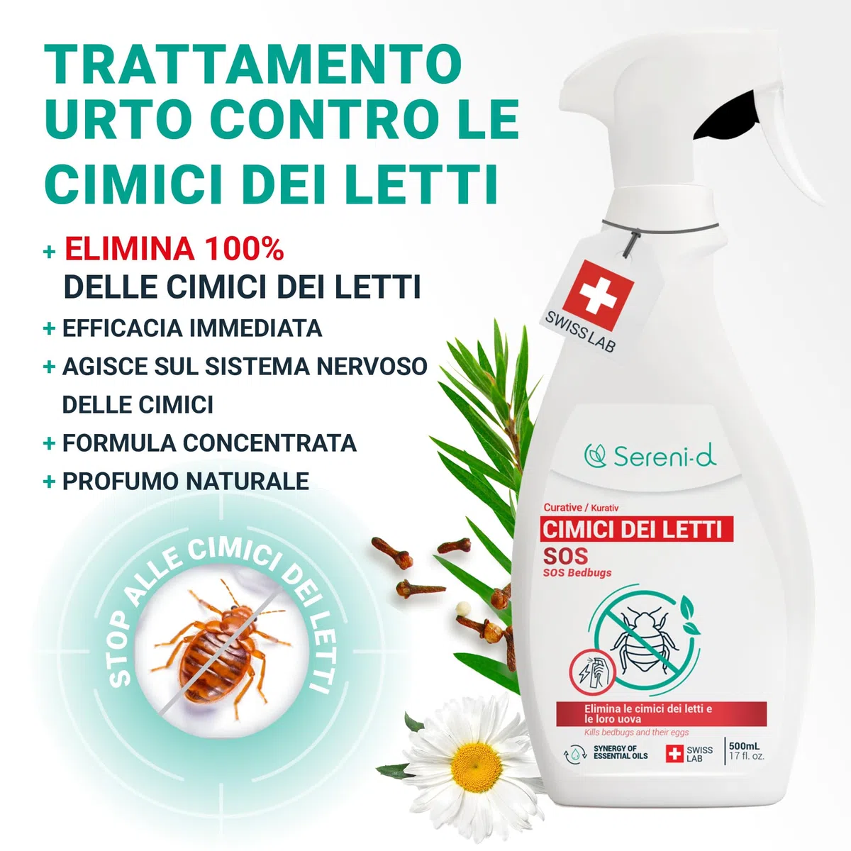 SOS ANTI CIMICI DA LETTO XXL - Spray Insetticida CHOC Trattamento naturale con Oli Essenziali e Fiore di Piretro Vegetale - Disinfestazione facile e rapida delle cimici da letto - 500 mL - Swiss Lab