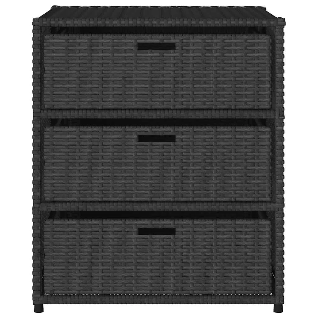 Armadio da giardino nero in polyrattan, 55 x 59 x 69 cm, con 3 cassetti, telaio in acciaio verniciato a polvere, contenitore per esterni, per giardino, piscina, terrazza, impermeabile e