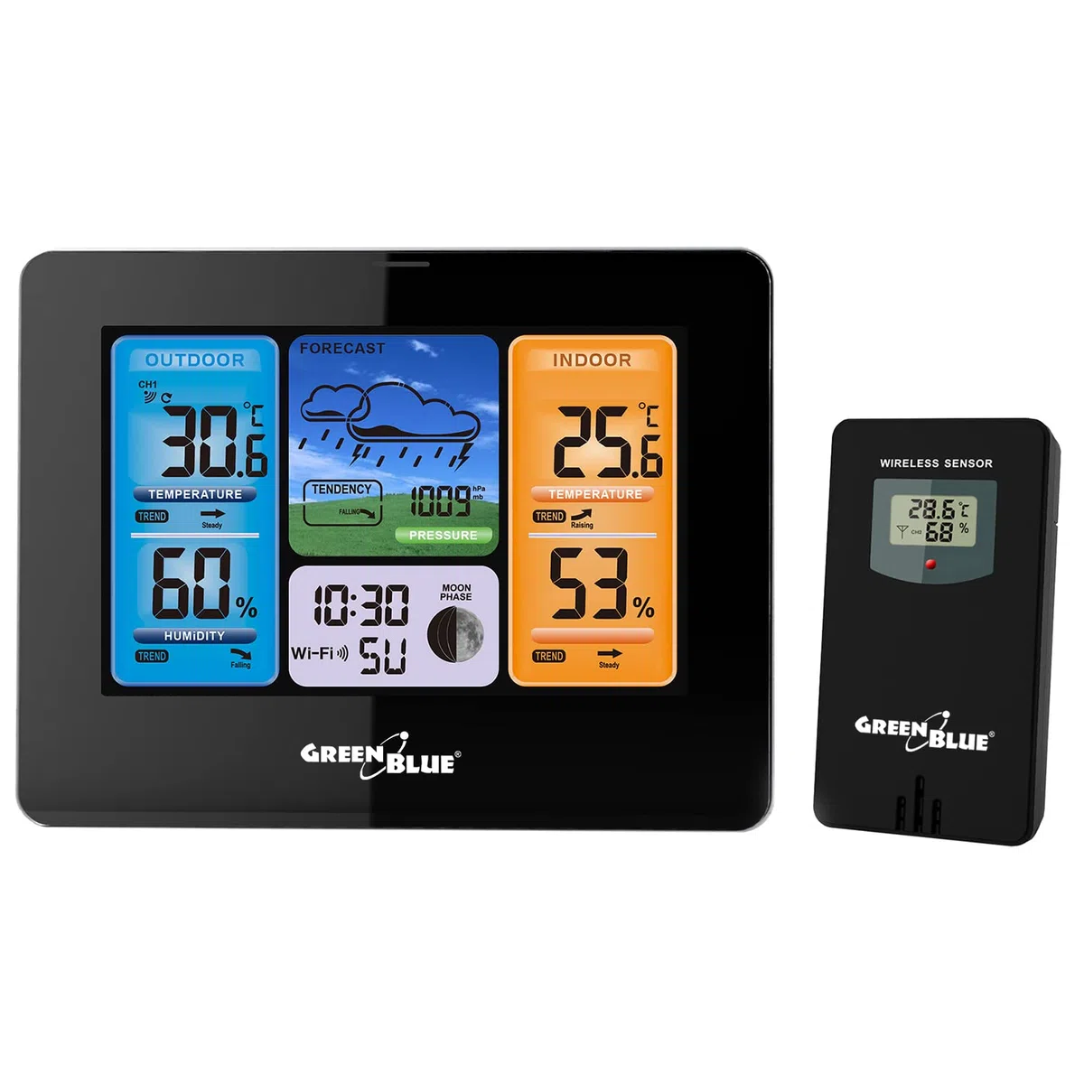 GreenBlue GB215 - Stazione meteo WiFi con app Tuya, sensore esterno wireless, display a colori, barometro, igrometro, previsioni meteo, calendario e fase lunare, IPX4, adattatore e batterie AA incluse