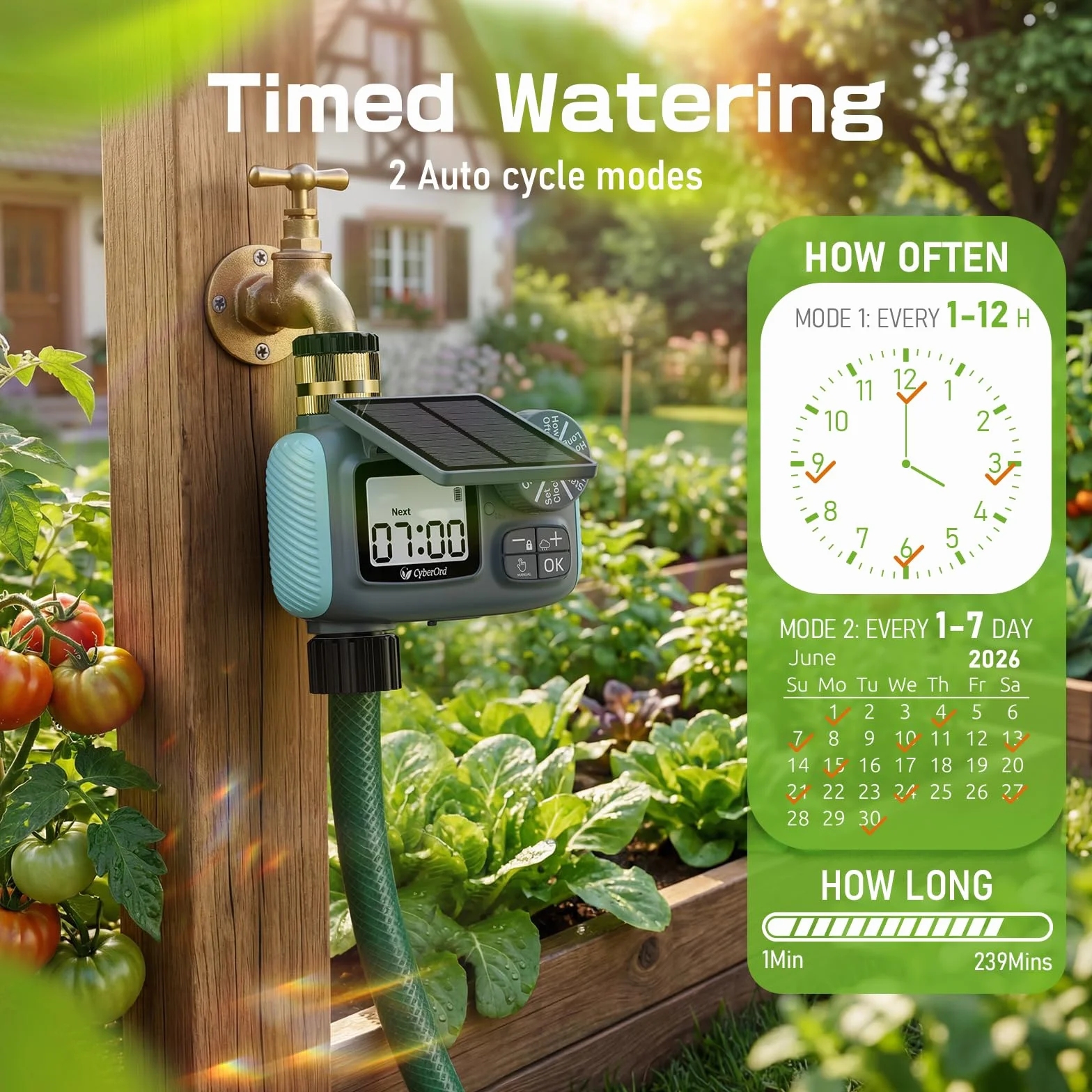 Timer Irrigazione Solare, Programmatore Automatico per Tubo da Giardino con Ritardo Pioggia/Modalità Manuale, 3/4" Ingresso in Ottone Energia Display LCD Ecologica per Prato e Giardino