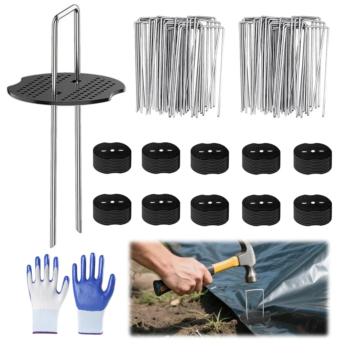 Picchetti per Telo Pacciamatura, 100 Picchetti Giardino + 100 Rondelle, in Acciaio, 150x40x2mm, Fissaggio per Tessuto, Erba Artificiale, Prato Sintetico, Tenda da Campeggio