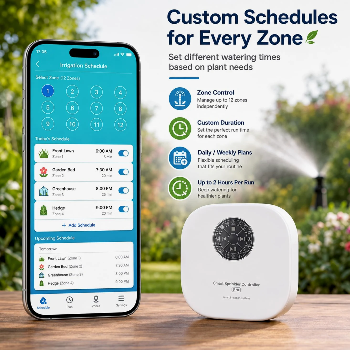 Computer di irrigazione intelligente Wi-Fi, 12 zone, controllo dell'irrigatore controllato tramite app, per giardino e prato, regolazione automatica del meteo, salto del sensore di pioggia, facile