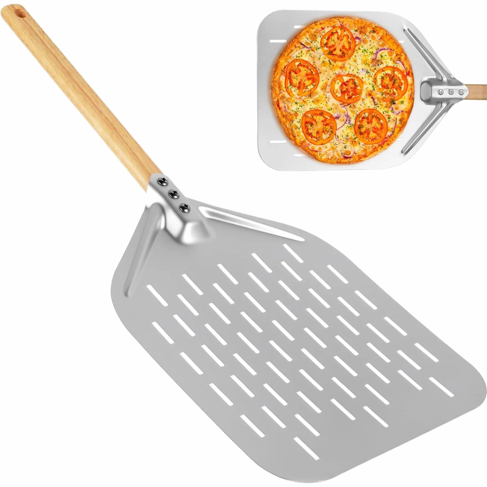 Pala per Pizza 12 Pollici, Pala per Pizza Forata in Alluminio con Manico in Legno Rimovibile, per Barbecue a Gas, Barbecue e Forno, per Riporre Facilmente La Pizza Grande (40 x 30 cm)