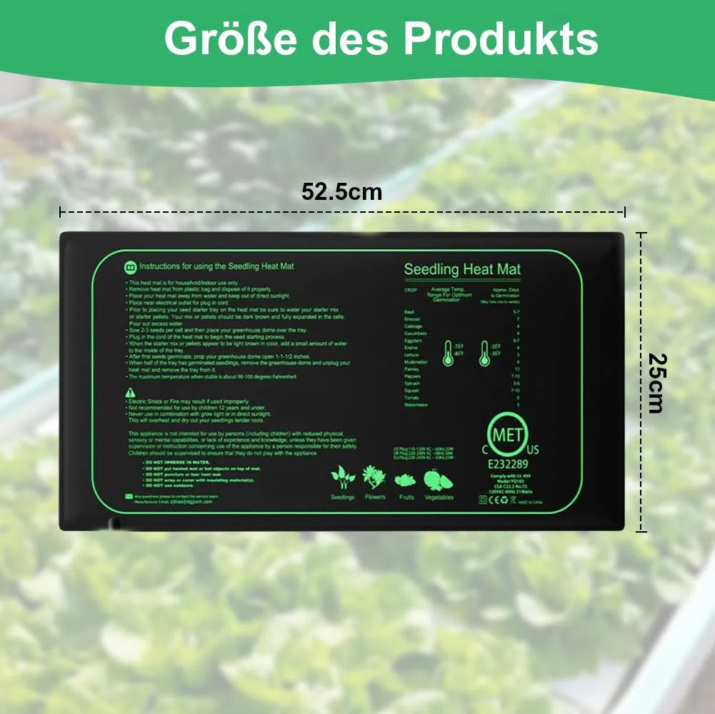 Begonia Tappetino riscaldante per piante con termostato, 50 W, per interni, per serra da 52,5 x 25 cm, con regolazione della temperatura, IPX4, impermeabile, per piantine, animali domestici e rettili