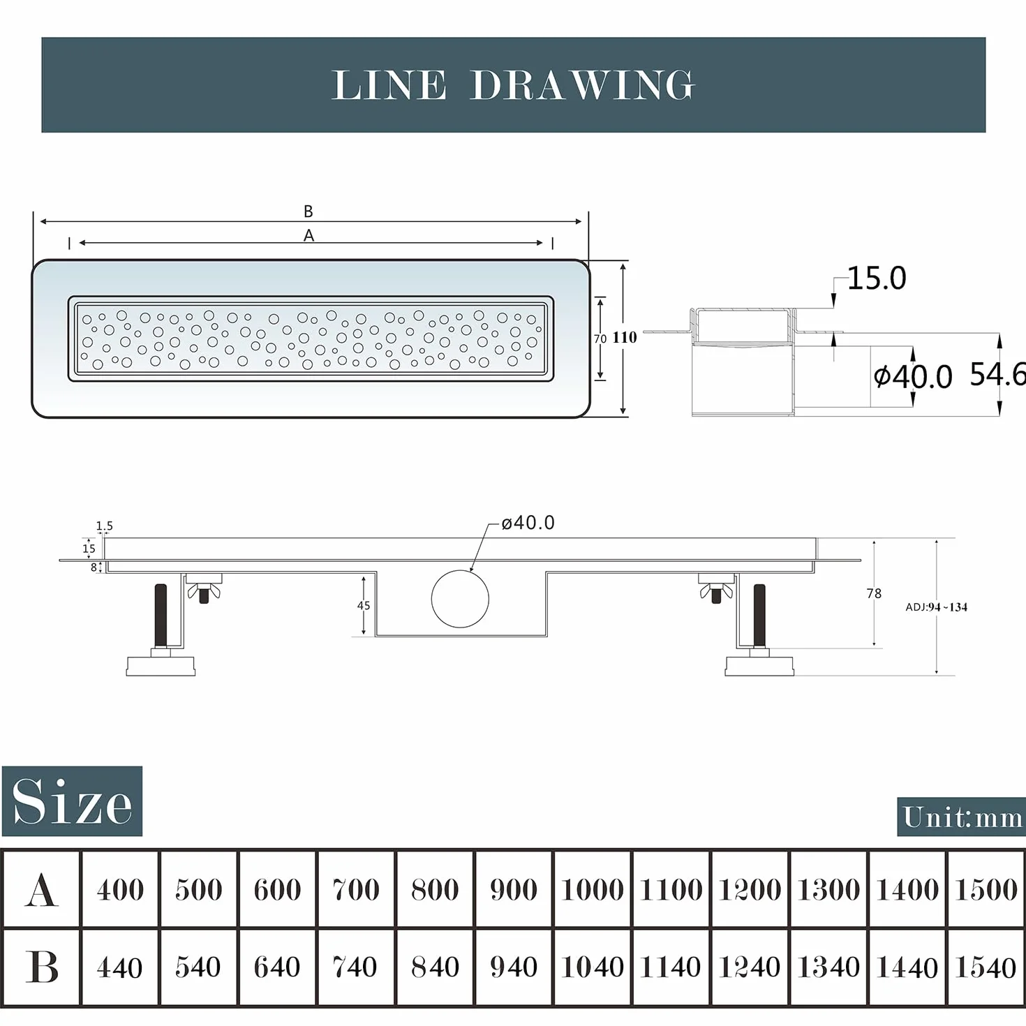 AICA ITALY Canale per Doccia con Sifone, Canale di Scolo con Dispositivo Deodorante e Filtro per Capelli, Canalina di Scarico a Pavimento 80 cm, Griglia con Disegno di Cavi Rontondi, Rettangolo