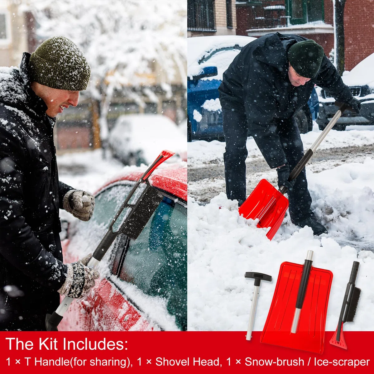 SnowPro 3-in-1 Pala da neve per auto, design pieghevole e telescopico veloce per la rimozione della neve di emergenza - Pala da neve compatta con guanti, spazzola da neve e raschietto per ghiaccio -