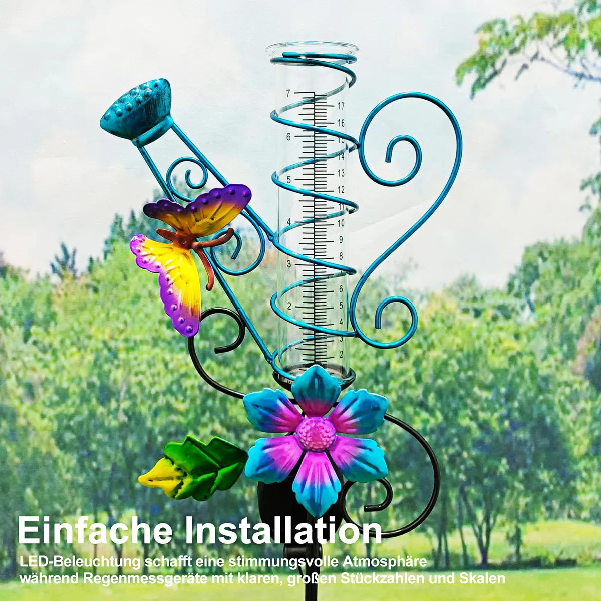 HOSPAOP Pluviometro solare da giardino con LED e picchetto – Vetro resistente al gelo, misurazione precisa delle precipitazioni per prato, terrazza, campi, patio, decorazione per esterni