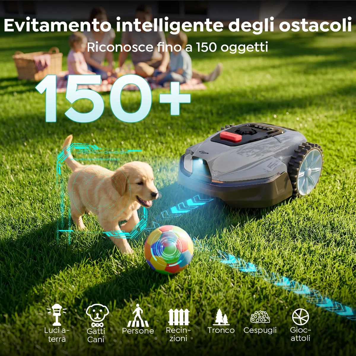 YARDCARE V3 robot tagliaerba senza cavo perimetrale, navigazione visiva, rilevamento di 150+ ostacoli e controllo tramite app, 50 dB, robot tagliaerba per giardini piccoli e medi, strisce magnetiche