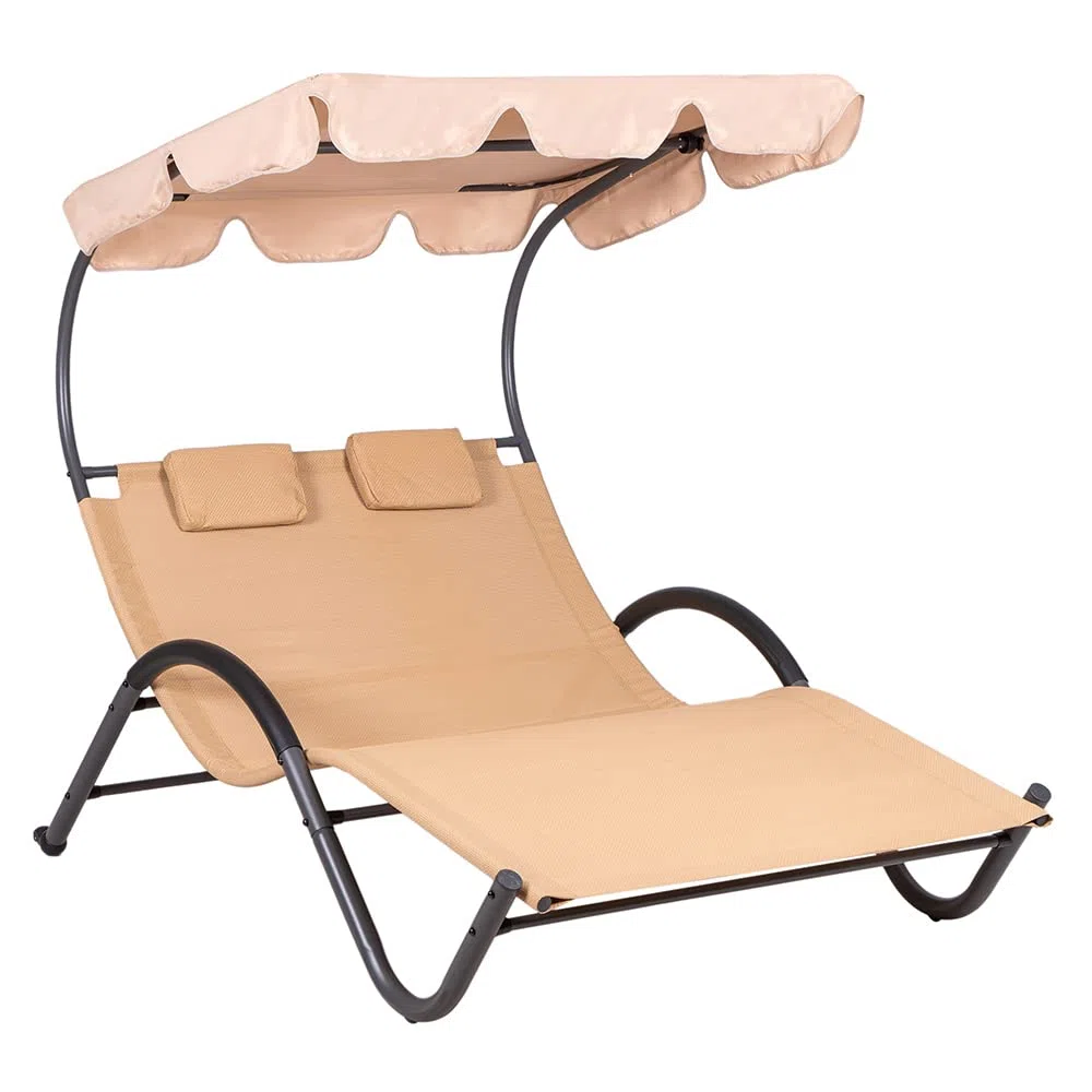 Hortan Lettino Ondulato 2 Posti Con Struttura Prendisole In Acciaio, Seduta Ergonomica In Tessuto Textilene e Tetto Parasole Per Arredo Giardino, Terrazzo e Piscina
