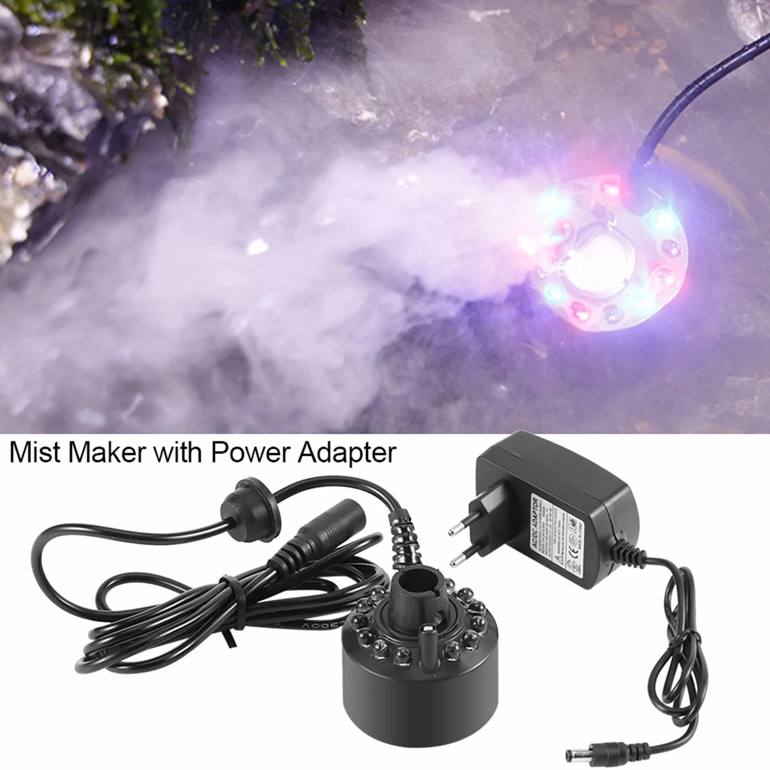 Akozon Creatore di Nebbia, per Laghetto con Fontana d'Acqua con Adattatore Nebler di Alimentazione 110 240 V Spina Americana 1 Pezzo 12 LED Creatore di Nebbia Colorato