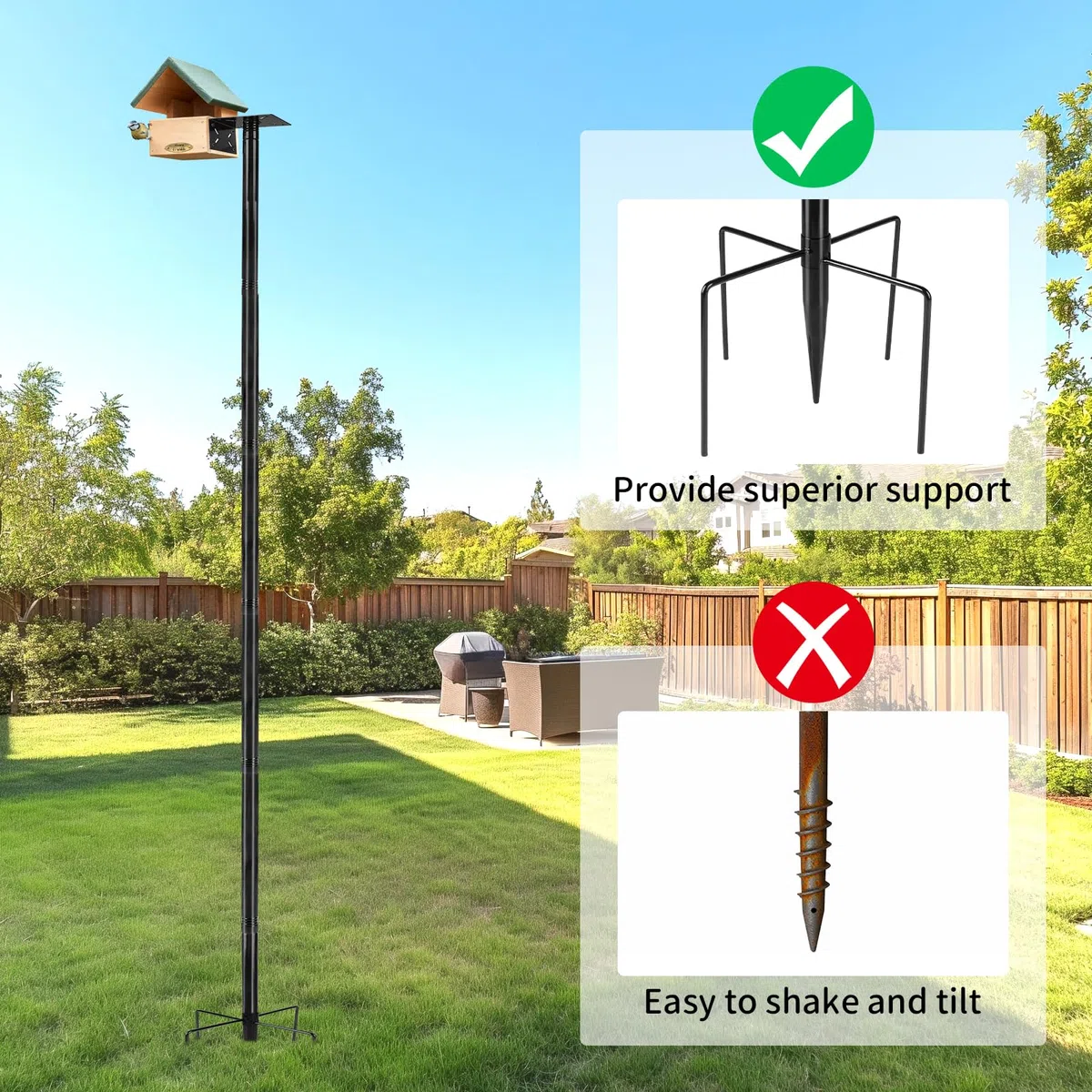 1 Pezzo Supporto regolabile per casetta per uccelli 220cm Set universale per giardino con base a 5 bracci per mangiatoie, stazioni meteorologiche (Senza casetta per uccelli e viti), Nero