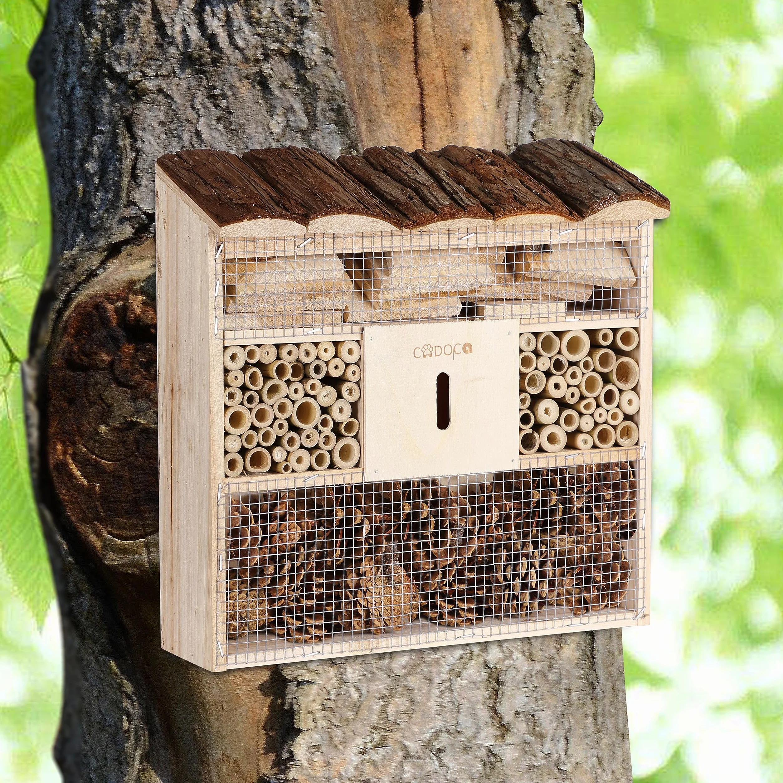 Cadoca Cassetta per insetti in legno 31x31 nidificazione hotel insetti refugio api coccinelle api vespe griglia metalica