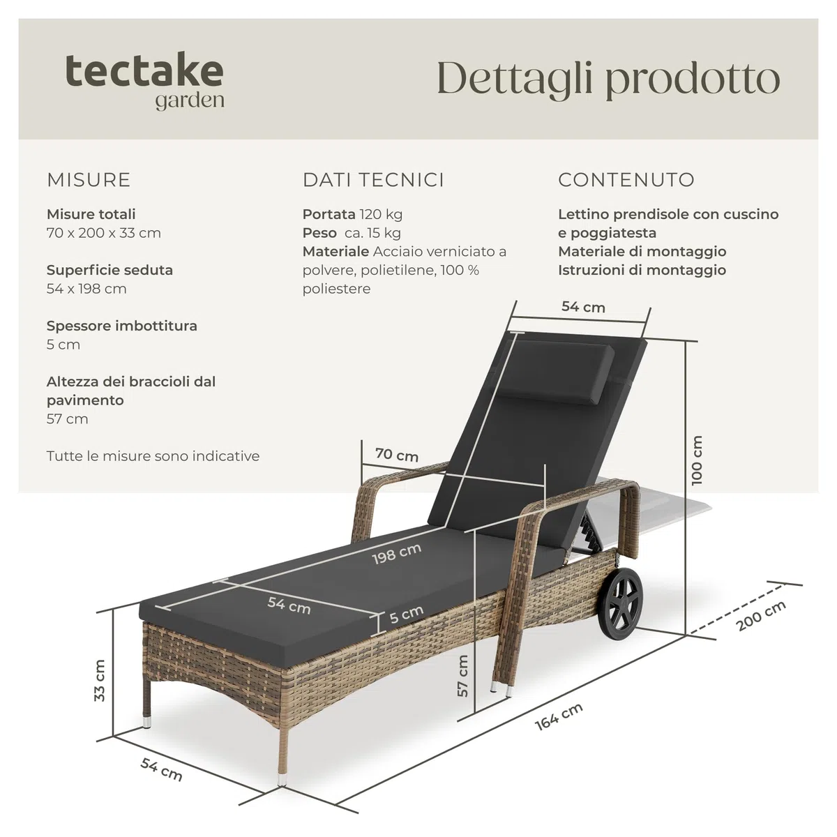 “tectake® Poly Rattan Sun Bed, Outdoor Garden Furniture, Sun Loungers, Garden Chairs, Terrace, Balcony, Pool Chairs, Rubberized Wheels, Interior Furniture, Sofa Chair - Natural/Dark Gray