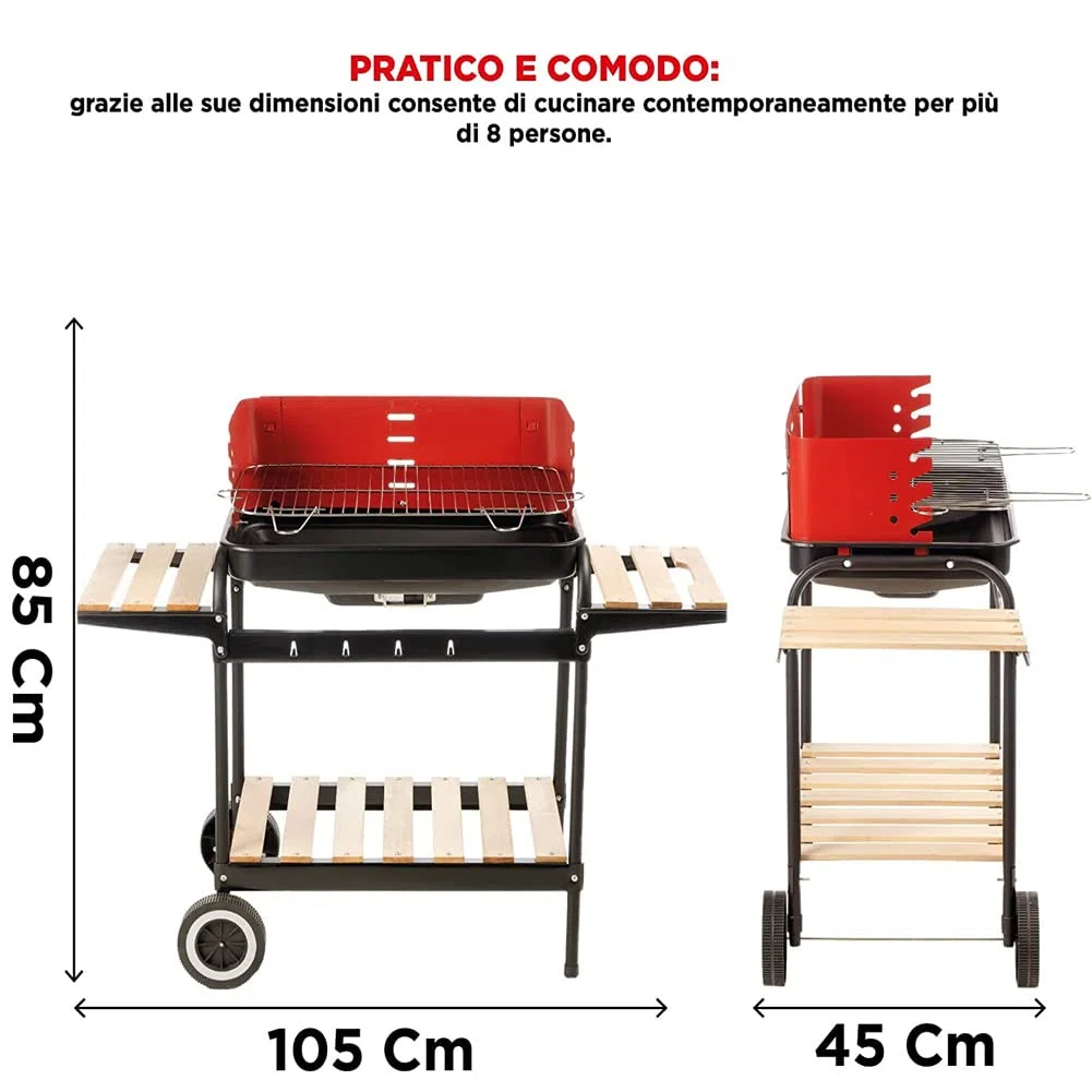 BAKAJI Barbecue Trolley a Carbonella in Metallo e Legno, BBQ Braciere Portatile con 3 Ripiani d'Appoggio e 2 Ruote, Grill da Giardino Ideale per Campeggio, Balcone, Esterni, Graticola in Acciaio