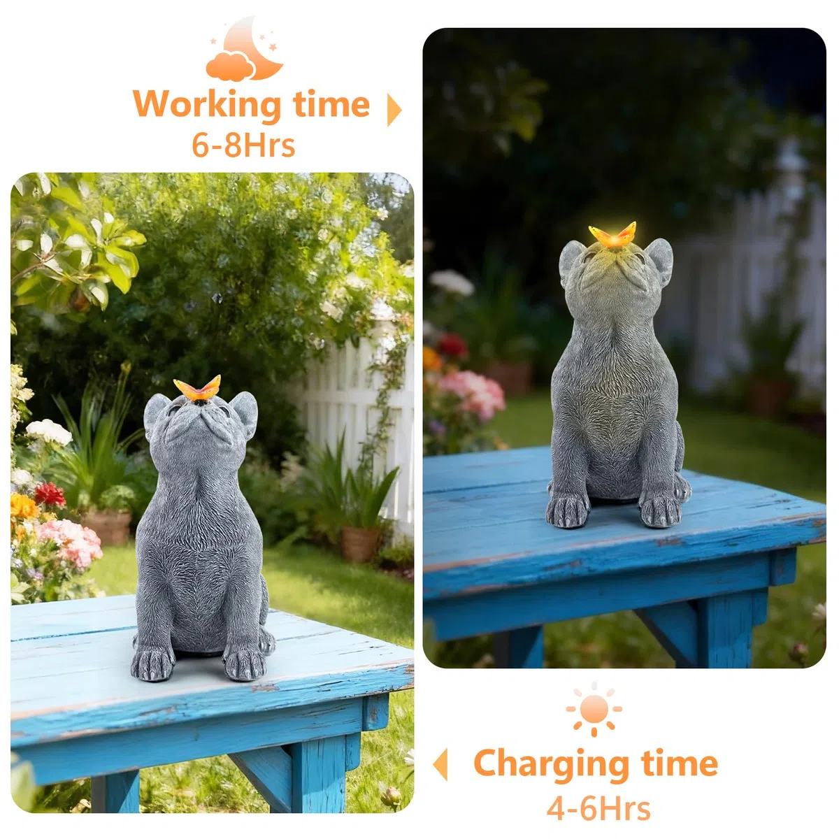 Statua a forma di cane con farfalla solare, simpatica statua da giardino a forma di bulldog francese, decorazione per esterni per cortile, prato, veranda, giardino in resina, decorazione per la